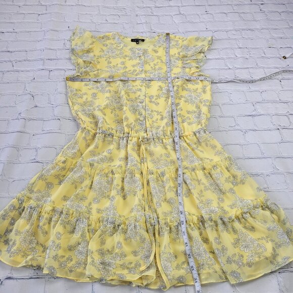 NWT 1.STATE yellow Floral Ruffle Skirt short sleeve mini Dress size M - Picture 2 of 11
